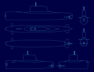 Low poly submarine blueprint on a blue background, featuring a detailed contour view of its complex mechanical shapes and internal structure.