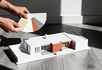 Architect choosing paint colors with a swatch for a modern house model. Interior design and home renovation planning. Real estate development concept
