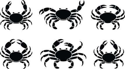 Six black silhouettes of crabs with claws raised on white background crustacean seafood © Shahajan