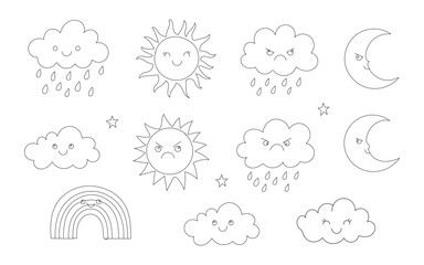 Sun Clouds and Moon Emoji Doodle Set in Hand-Drawn Style