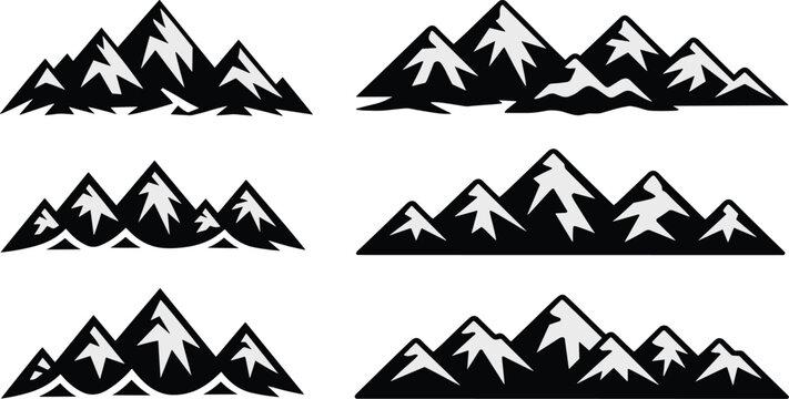 Stylized mountain range silhouette set, snow-capped peaks, black vector icons, outdoor nature shapes, flat CAD drawing illustration design