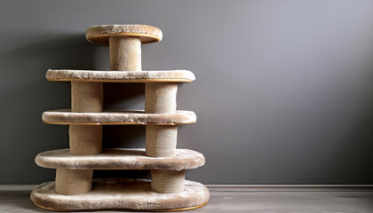 Close-up of a neutral-colored, multi-level cat tree with scratching posts and plush resting platforms, set against a solid gray wall background with copy space on the right.