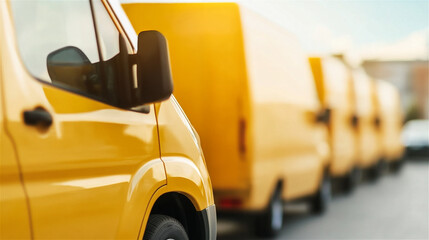 row of yellow delivery vans lined up on an urban street illustrating modern logistics fleet transportation and efficient courier services for fast parcel delivery and distribution