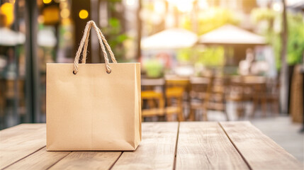 brown paper shopping bag on a rustic wooden table with blurred outdoor cafe umbrellas and sunlight in the background evoking retail eco packaging and takeout concepts