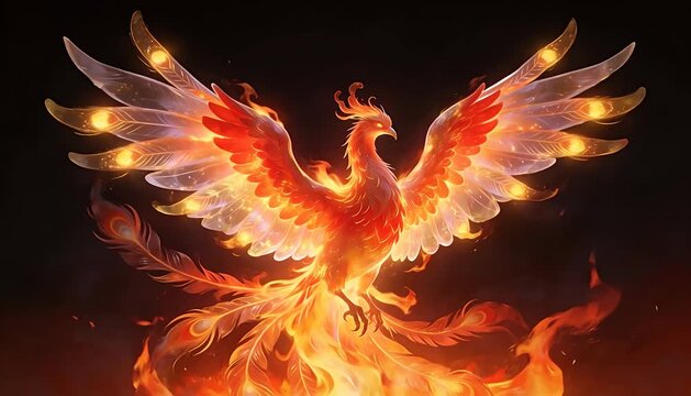 Fiery phoenix bird rising from flames with glowing wings, fantasy creature animation phoenix, fire, mythical.