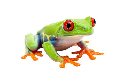 Obraz premium The tree frog has bright green skin with yellow spots and striking orange legs. It looks to its left.
