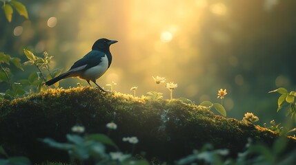 Elegant black white bird vibrant forest foliage mossy tree branch calm moment sunlight beautiful composition