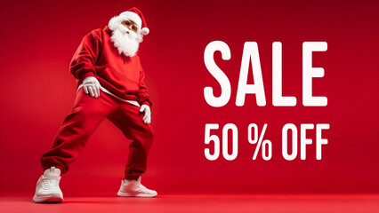 Santa Claus posing near of white sale 50% off text on a red background. Banner template for Christmas retail marketing campaign poster for holiday shopping period.
