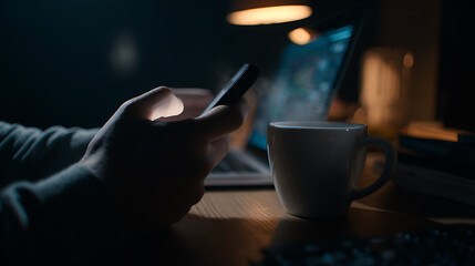 Person holding glowing smartphone near coffee cup and laptop hand glowing screen