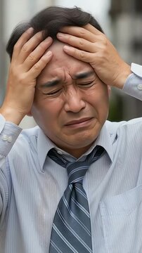 屋外。熱中症で気分が悪く辛い、中年男性（縦型動画）