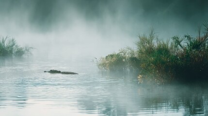 Alligator swimming in foggy river, mist over water with green reeds. Wildlife in wetland habitat during mysterious weather. Nature predator.
