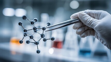 Laboratory Research on Molecular Structures with Hand Holding Model and Test Tubes in Background, Science Experiment and Chemistry Concept