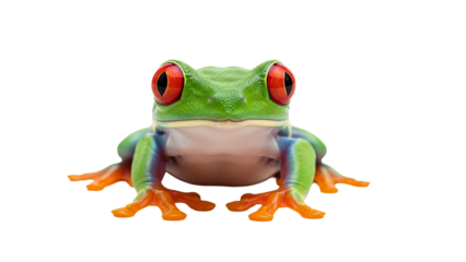 This is a stock photo with an up-close image of a green frog on a transparent background. The frog has red eyes and legs that appear to be webbed. It seems to be sitting calmly for the photographer.