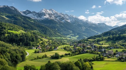 Scenic mountain village with snow-capped peaks and green valleys. Idyllic alpine landscape for travel, tourism, nature, and adventure content.