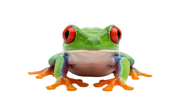 This is a stock photo with an up-close image of a green frog on a transparent background. The frog has red eyes and legs that appear to be webbed. It seems to be sitting calmly for the photographer.
