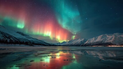 Naklejka premium Aurora borealis over a frozen lake at night. Northern light phenomenon illuminating the sky for travel, nature, and winter beauty.