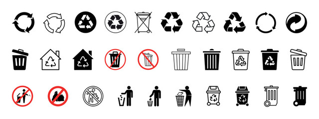 Recycle icon and trash symbol. Collection of recycling symbols and trash cans. Bin icon set. Trash can collection. Vector illustration of recycling sign. 