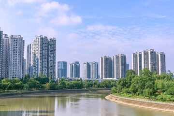 Fototapeta premium High-rise housing buildings around Jinjiang in Wuhou District, Chengdu City, Sichuan Province, China