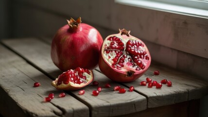 Fresh pomegranates on a wooden surface