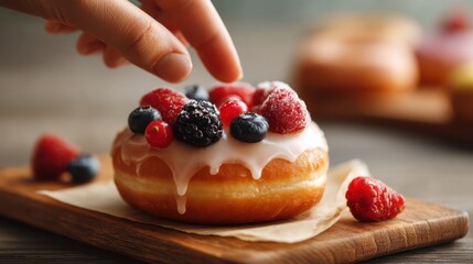 Woman hand placing fresh raspberry on sweet gourmet glazed donut with berry topping on wooden board for delicious dessert