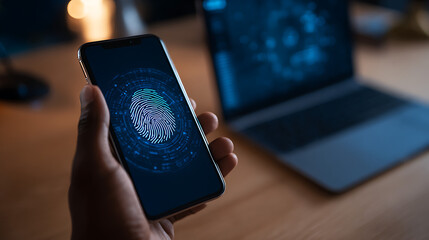 Person holding smartphone displaying fingerprint scanner security login