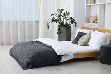 Beautiful room with comfortable bed. Interior design