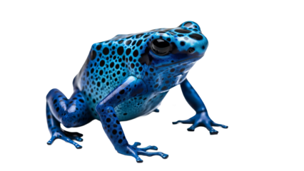 A close-up of a brightly colored green and blue poison dart frog on a transparent background.
