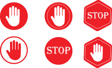 Set of Red Stop Hand and Stop Sign Icons Isolated on White Background, Warning, Prohibition, Safety and Control Symbol Collection for Traffic and Interfaces.