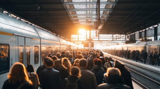 Crowd of people on train platform waiting for public transport. Concept of bustling city life, commuter travel for urban background material.
