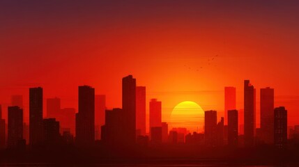 Obraz premium City skyline silhouette with vibrant red and orange sunset. Urban landscape at twilight with dark building contours for travel and scenery background.