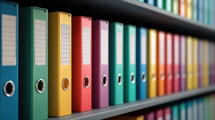Row of colorful ring binders on a shelf. Document organization and storage concept for school, office, or home. Administrative data management.