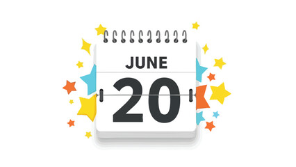Modern vector illustration of a June 20th date page from a spiral-bound desk calendar, surrounded by vibrant celebration stars, symbolizing an