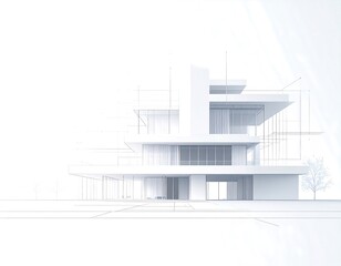 Architectural rendering of a modern house, mostly white, with glass, a minimalist design. The view is from the ground level