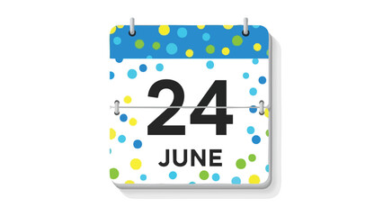 A vibrant wall calendar illustration displaying the date June twenty-fourth, marked by an array of colorful polka dots on a bright white and blue