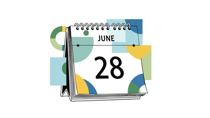Modern desk calendar showing June 28, adorned with abstract geometric shapes and a calm color palette