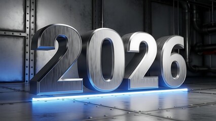 3D Metallic 2026 Numbers with Blue Neon Base render