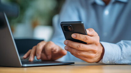 Person holding smartphone typing on laptop hands mobile phone