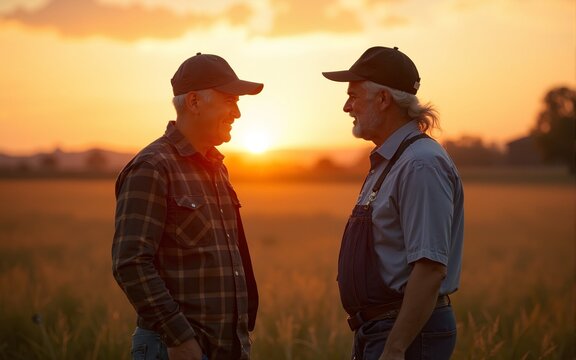 A young and elderly farmer chatting on the field at sunset. High quality - Powered by Adobe