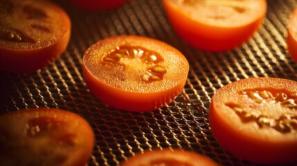 Dehydrator mesh featuring tomato rounds, showcasing their warmth and translucent texture for culinary creativity.