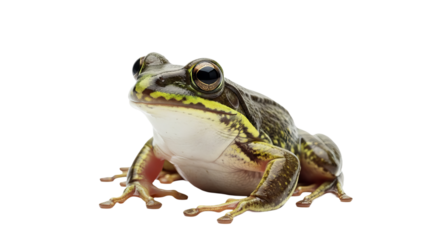 A small red and yellow striped frog with wide dark eyes looking upwards perched on a white surface on a transparent background.