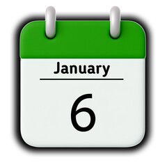 January 6st calendar date icon on white background with green header