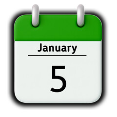 January 5st calendar date icon on white background with green header