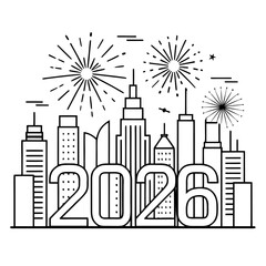 Fireworks Over City Line Art 2026