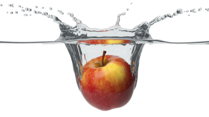 A red apple is floating in a glass of water. The apple is partially submerged in the water, with its stem visible