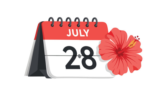 Calendar page for July 28th, adorned by a bright red hibiscus flower, symbolizing summer warmth and tropical vibrancy. Ideal for illustrating summer - Powered by Adobe