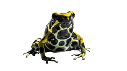 A vibrant yellow and black frog with dark eyes. The image is clear and focused on the frog against a clean white backdrop.