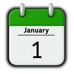 January 1st calendar date icon on white background with green header