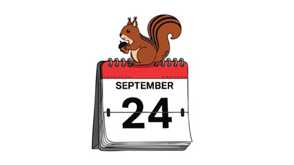 A delightful cartoon illustration portrays a brown squirrel holding an acorn, perched on a desk calendar showing September 24, celebrating an early