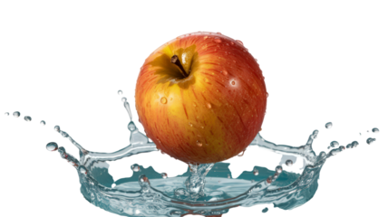 A red apple is floating in a splash of water. The apple is partially submerged in the water, with its stem sticking out