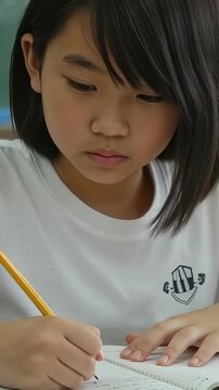 教室でノートをとって集中して勉強する、体育着姿の女子小学生（縦型動画）
